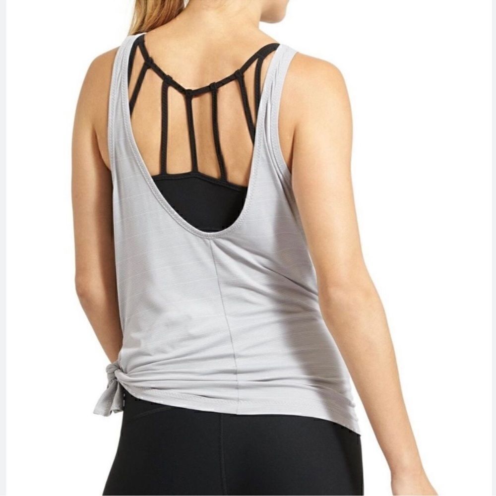 Athleta Gray Max Out Tie Sides Athletic Tank Top Size Large Light Grey Stripe
